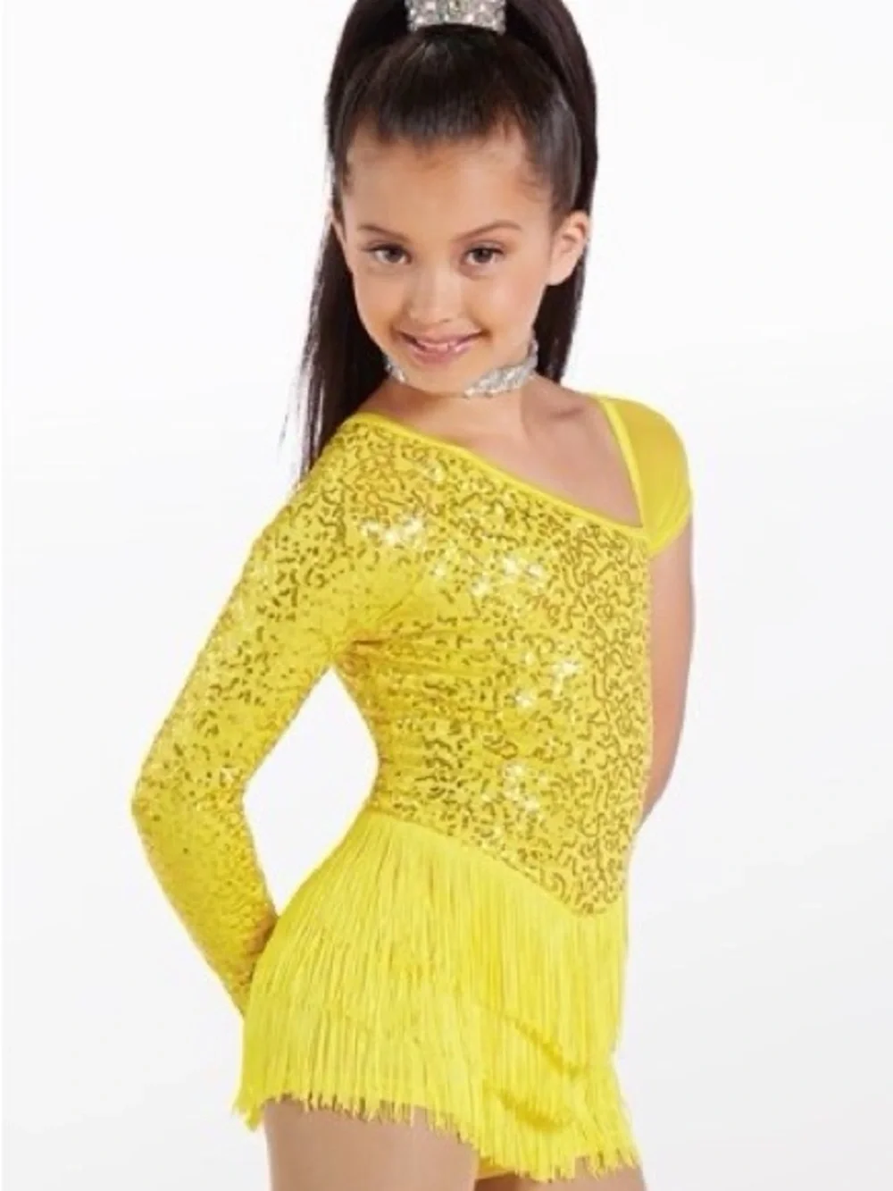 Weissman Yellow Sequin Fringe One-Shoulder Dance Costume